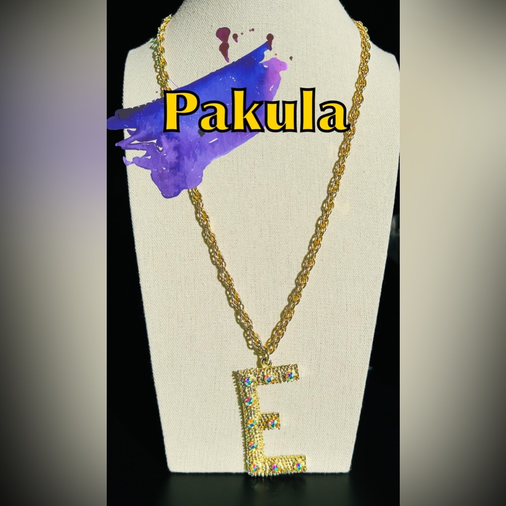 Vintage Pakula Initial E Necklace Gold Tone Aurora Borealis Rhinestone